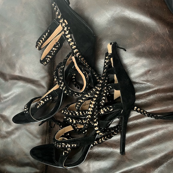 Black & Gold Chain Detail Lace Up Heels - Picture 2 of 8